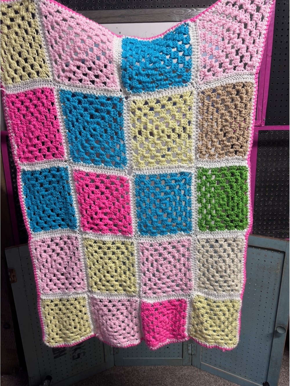 Handmade Crochet Granny Square Blanket Blue Pink Yellow Mint 41x39 Afghan Throw